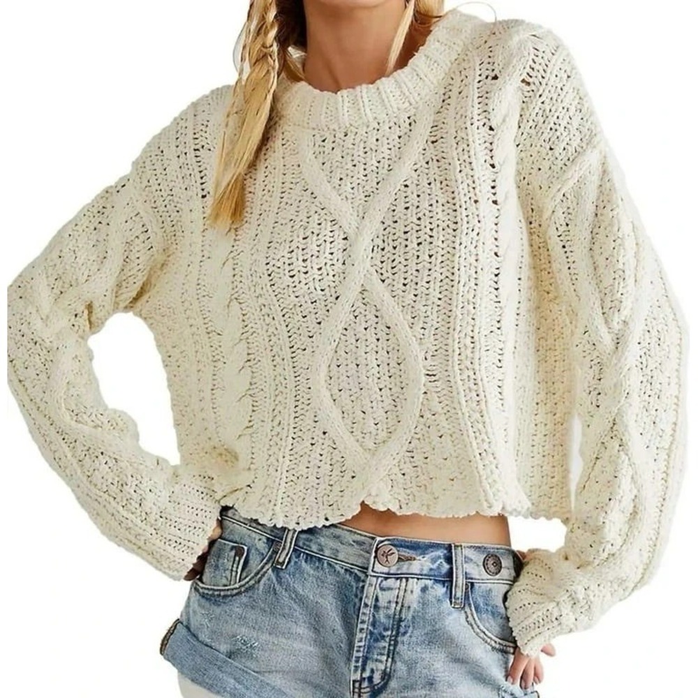 Free People Cotton Cable Knit Crop Sweater Ivory Chunky Fisherman Pullover Sz M